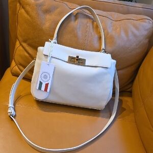 Cream Leather Top-Handle Satchel with Detachable Strap